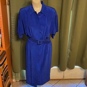Vintage Maggy London 100% Silk Secretary Vintage Blue belted Shift midi Dress